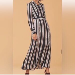 Diane von Furstenberg Silk Long Sleeve Collar Flare Shirt Maxi Stripe Dress Sz 2